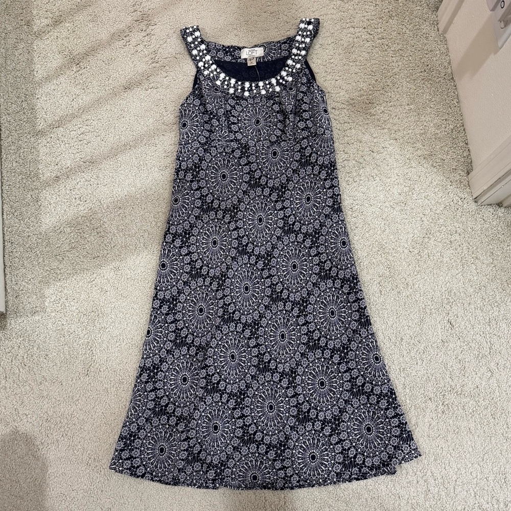 NWOT LOFT Navy Blue Embellished Sleeveless Midi Dress 4P